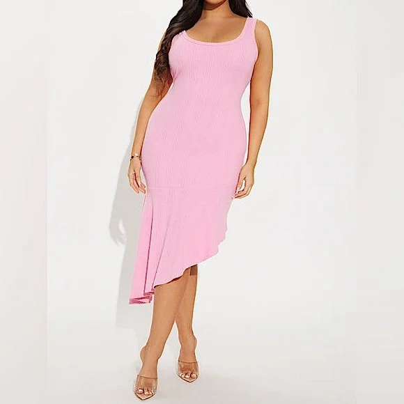 💗💕 🍬NWT Pink Asymmetrical Ribbed Dress Sz L🍬💕💗 - Picture 3 of 3